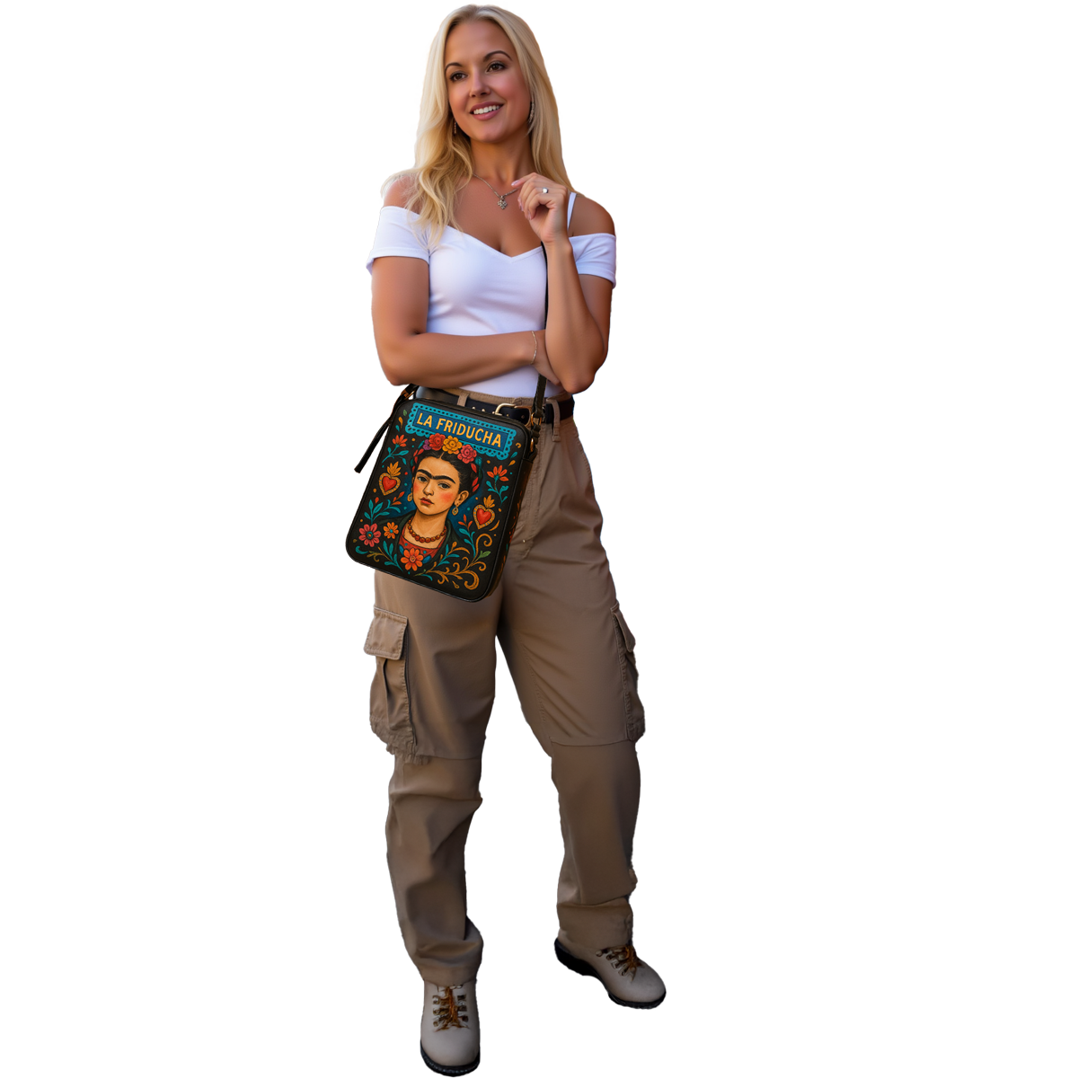 Buffy posing with a custom painted black leather crossbody bag in a La Friducha/Frida Kahlo theme