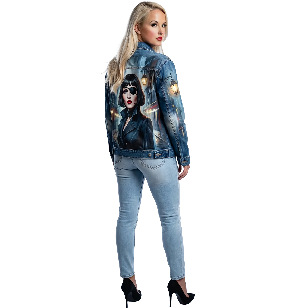 Buffy wearing a jean jacket custom painted with Madame X (Madonna)