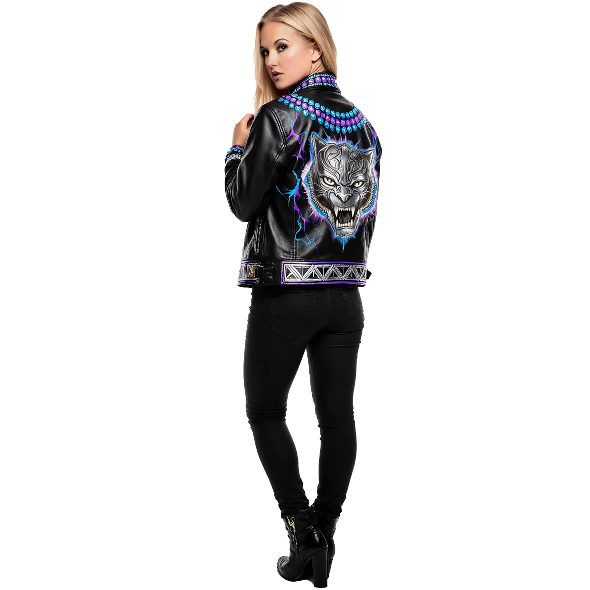 Buffy wearing a black leather jacket custom painted with T'Challa theme