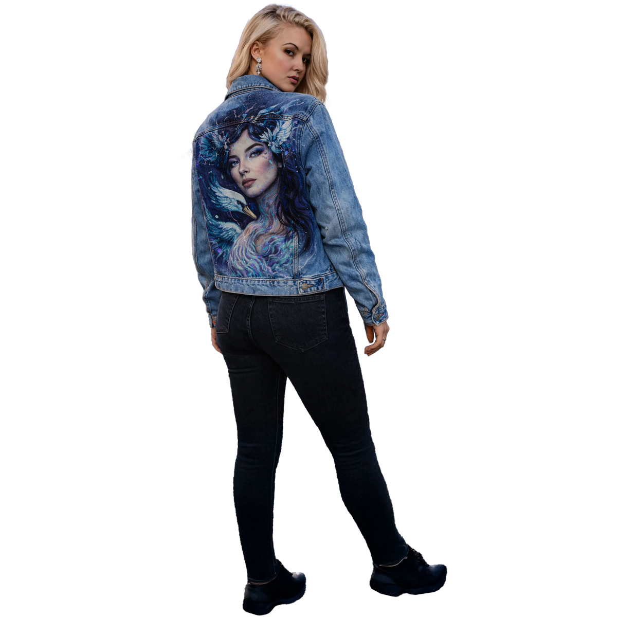 Buffy wearing a jean jacket custom painted with Bjork theme